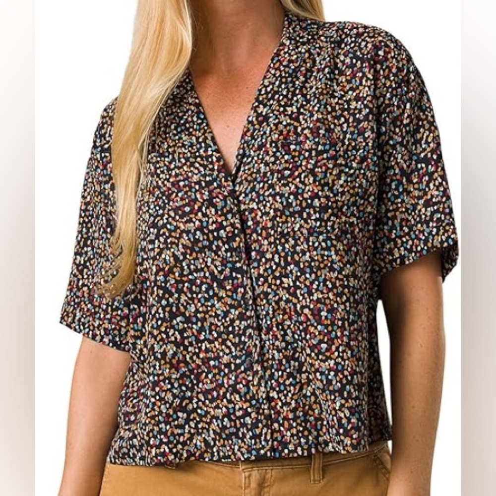 Prana Iguala top Black Multicolor Printed Short Sleeve Blouse